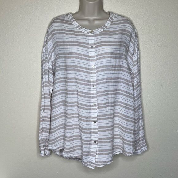 St Tropez West Linen Tan Stripe Button Front Long Tab Sleeve Shirt Women Large - Picture 11 of 11